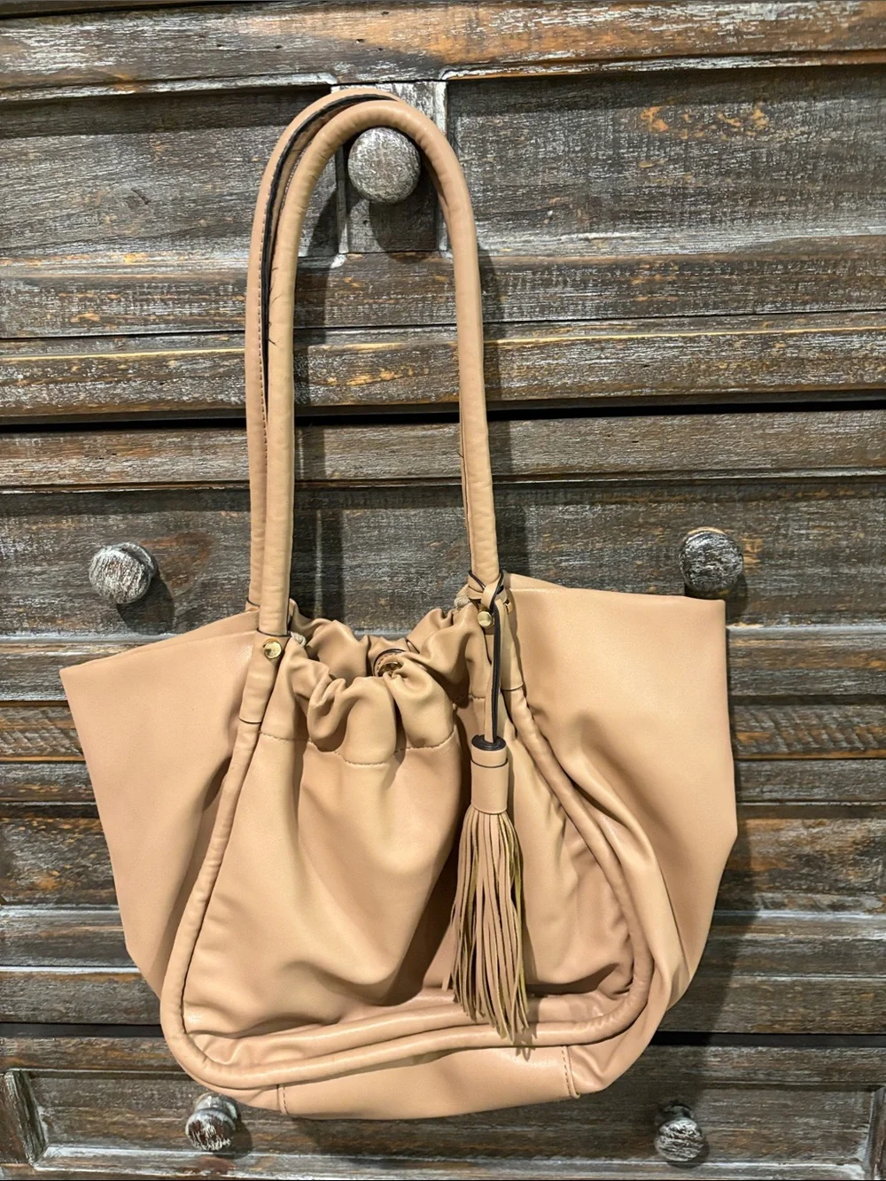 Neutral Tan Drawstring Shoulder Tote with Tassel Accent
